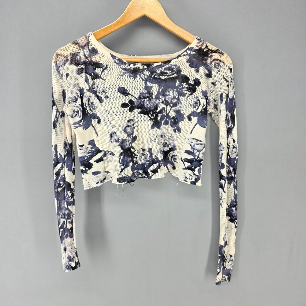Silence + Noise Floral Mesh Crop Top Womens Small Blue Cream Long Sleeve Grunge